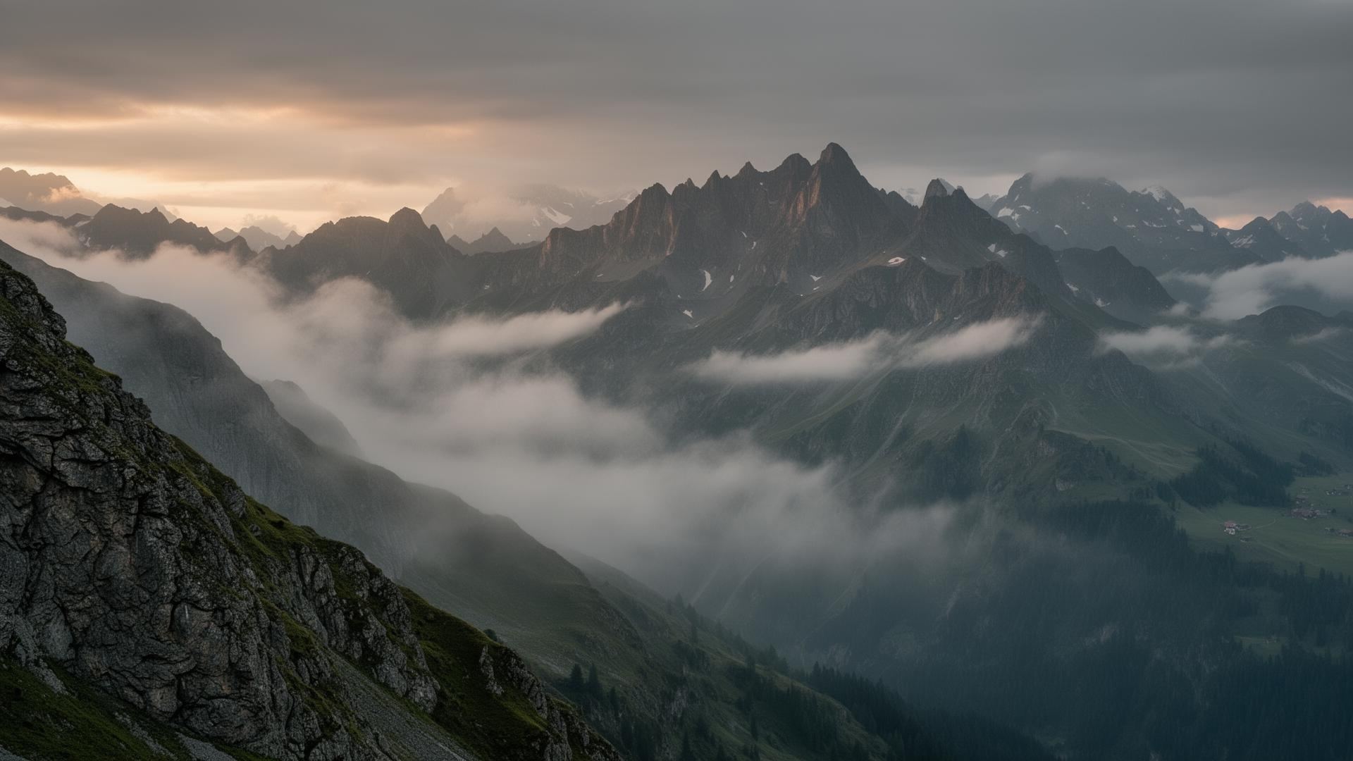 Misty alpine mountains at dawn